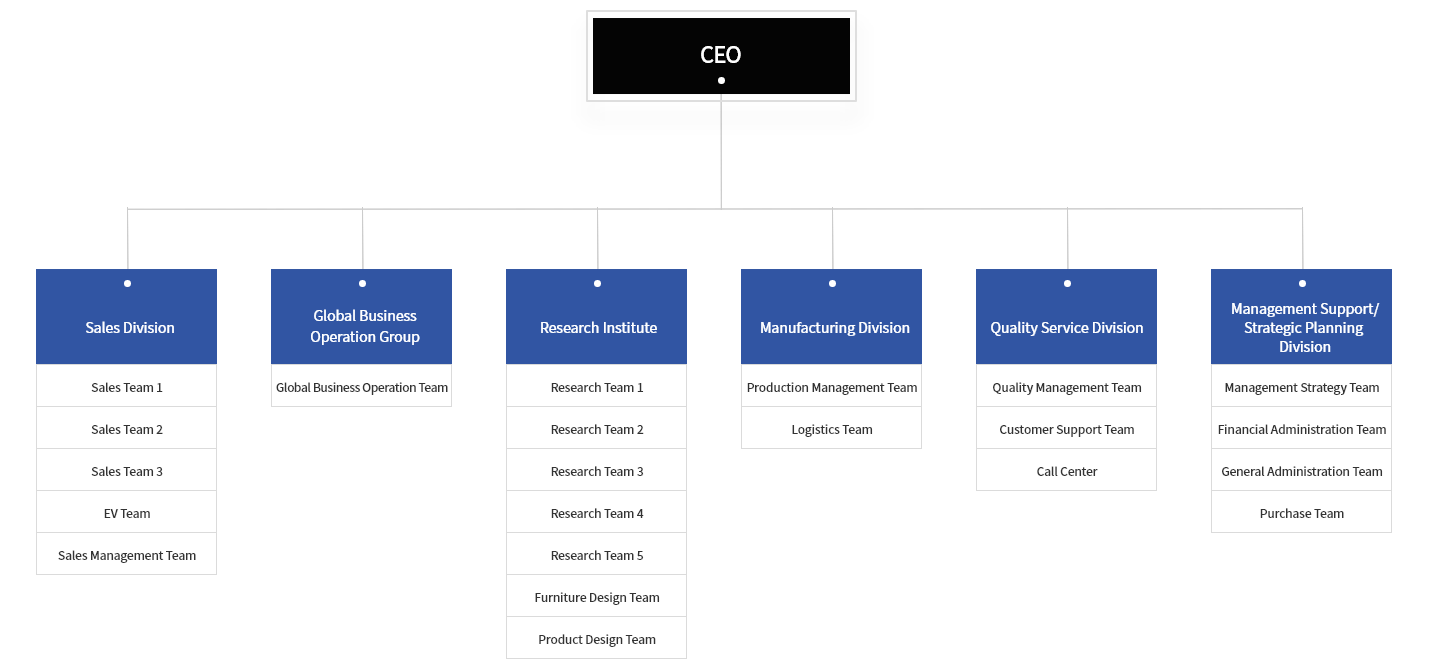 Organization Chart : Sales Division	Distribution Division	Research Institute 	Manufacturing Division	Quality Service Division	Management Support/Strategic Planning Division 